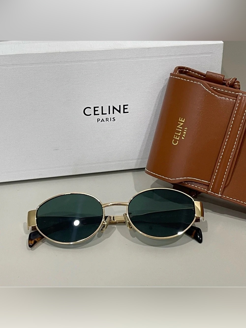 CELINE Gold Frame Sunglasses with Dark Green Lenses